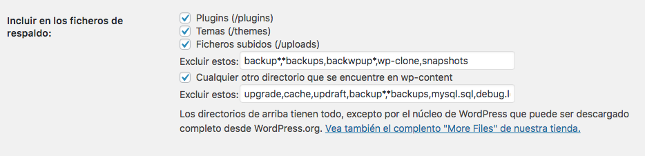 ajustes updraft archivos incluidos