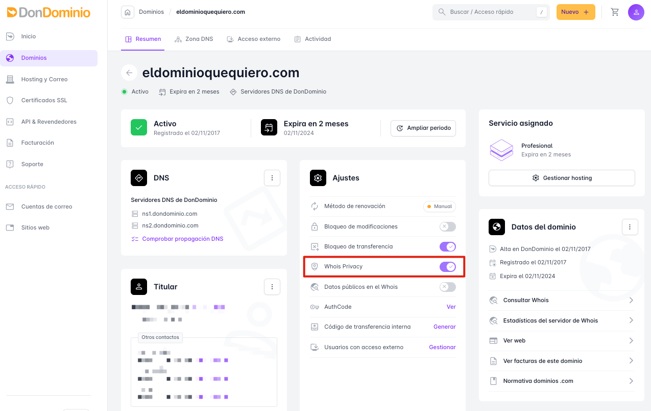 Activar Whois Privacy
