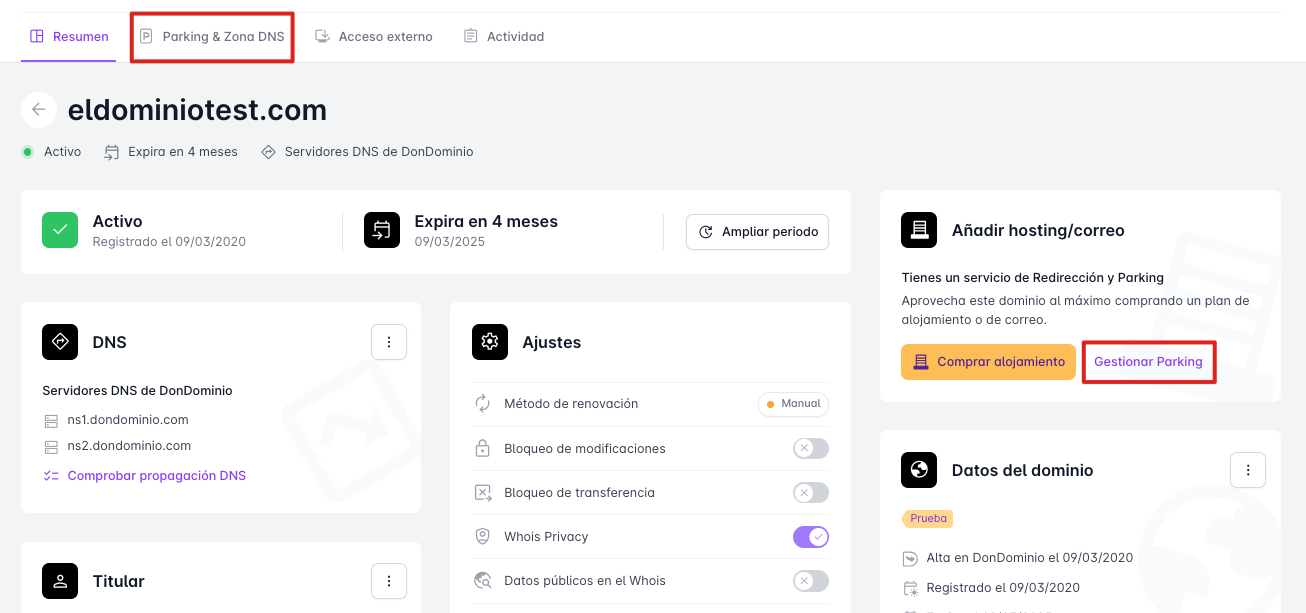 Redirection and Parking Panel