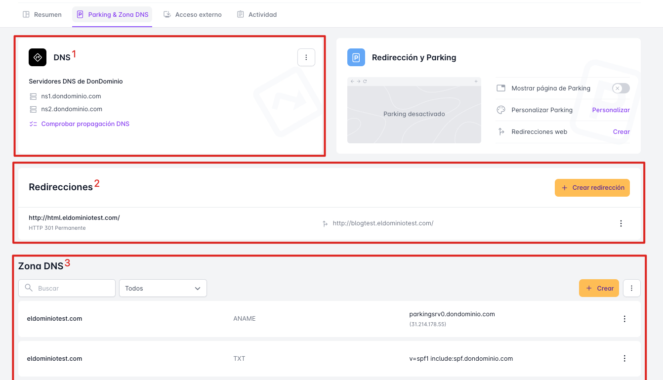 Redirection and Parking Panel