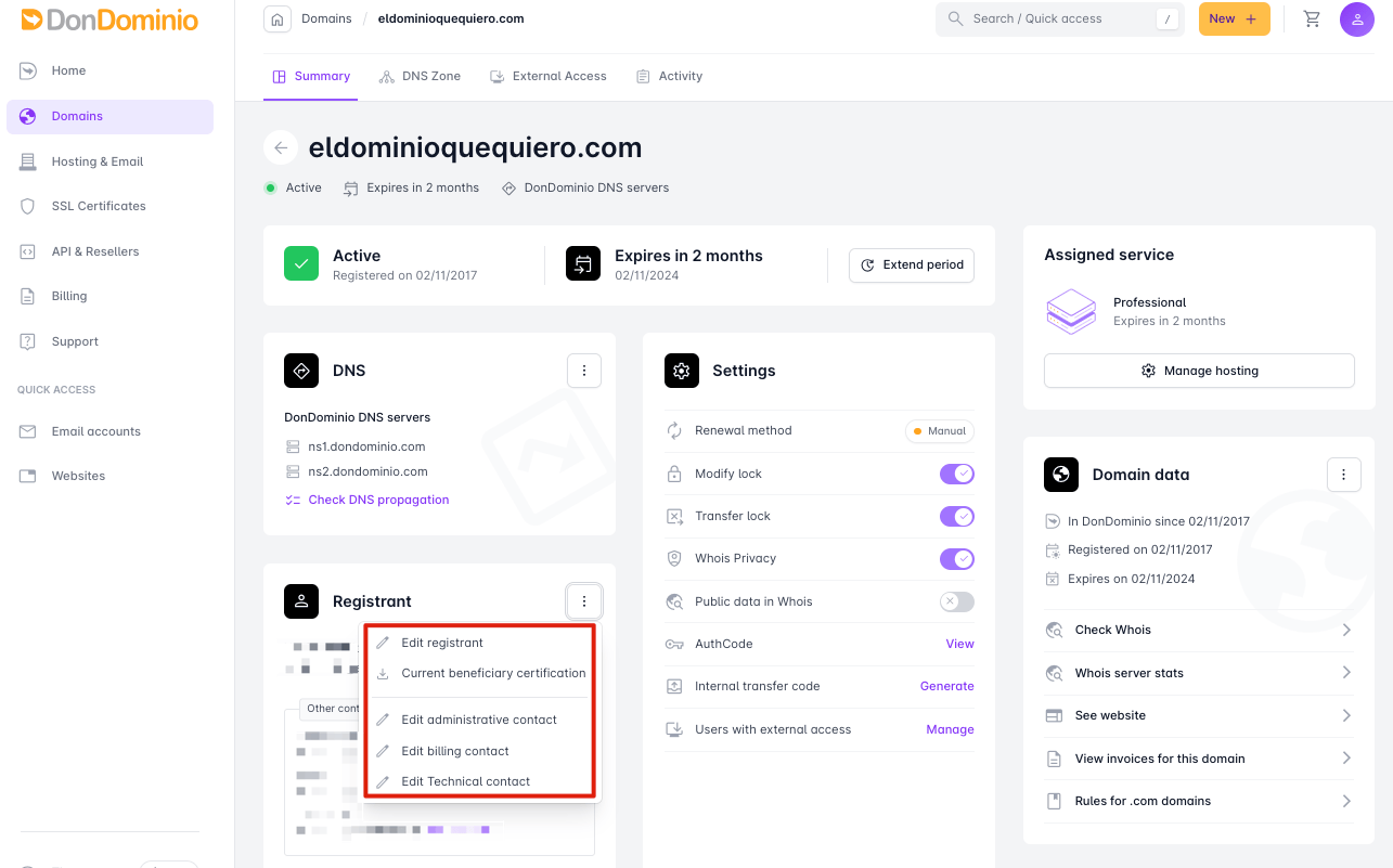 Edit domain contacts