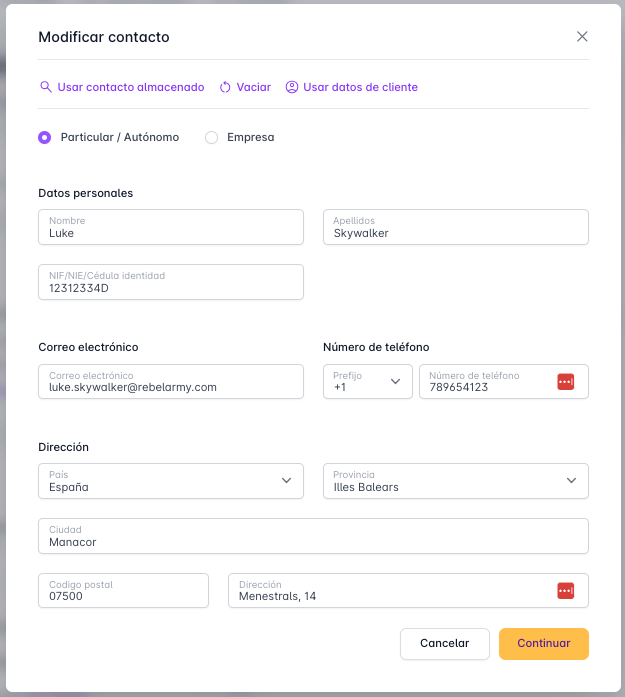 Formulario editar contactos de dominio