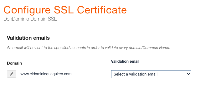 Selección de correo de validación para alta de un SSL en DonDominio