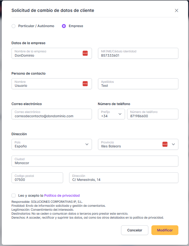 Formulario cambios facturación