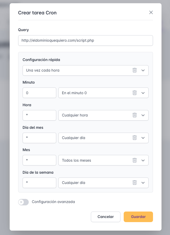 Panel de creación de una tarea Cron en DonDominio