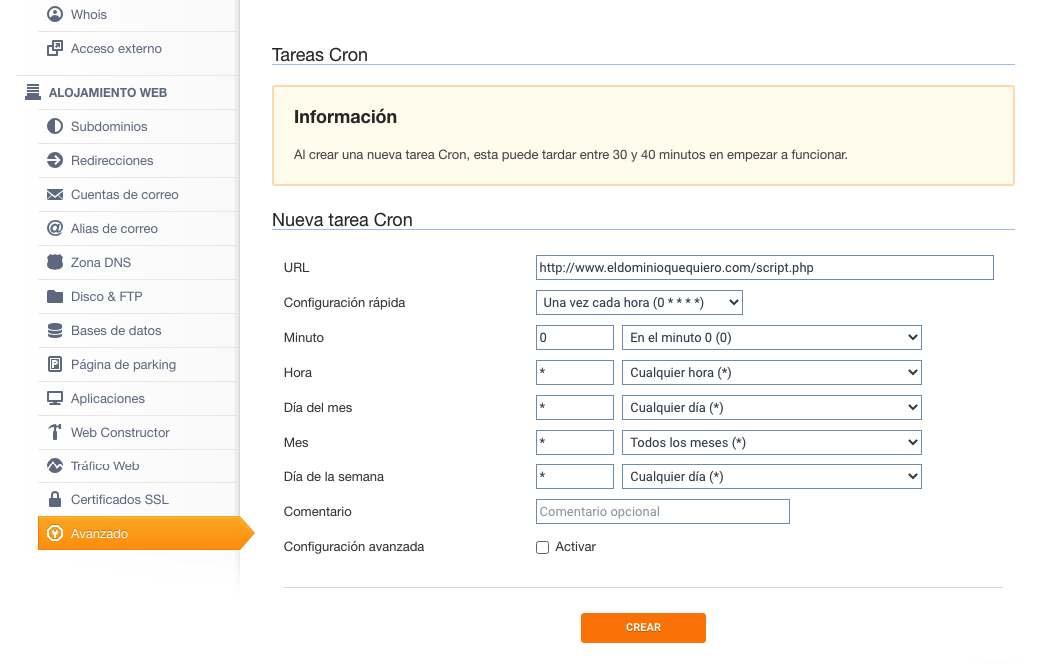 Panel de creación de una tarea Cron en DonDominio