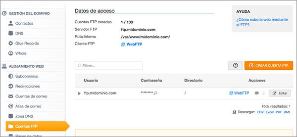 apartado ‘Cuentas FTP’ gestión de alojamiento